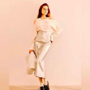 Mermaid Faux Leather Midi Skirt With Slit - Gold